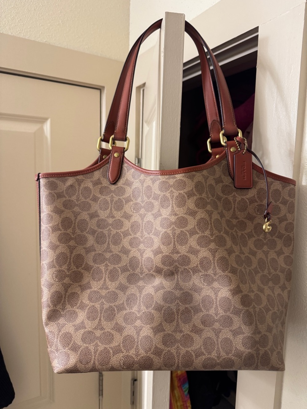 Coach Brown Signature Canvas Tote with Rust Leather Trim